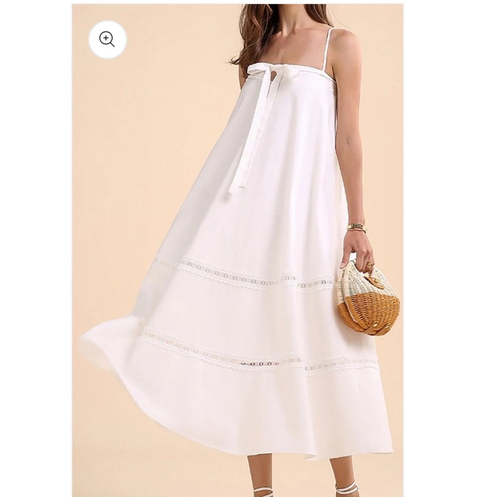 Avantlook white cotton, loose fit Spaghetti Strap Bow lace maxi dress small
